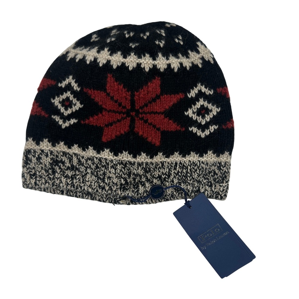 NWT Polo Ralph Lauren Men's Fair Isle Snowflake Wool Blend Beanie Hat Black Red